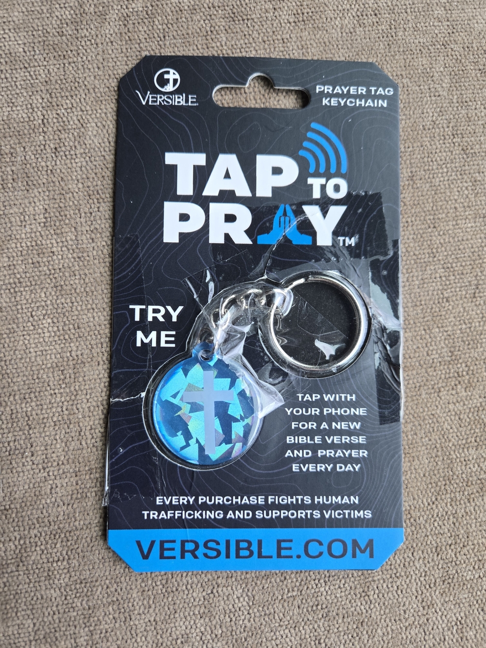 Tap to Pray Blue Cross Prayer Tag Keychain